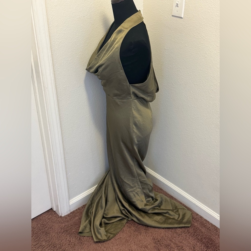 ASOS Edition Olive Green Satin Maxi Gown Dress Halter Open Back Bridesmaid 8 - Picture 4 of 11